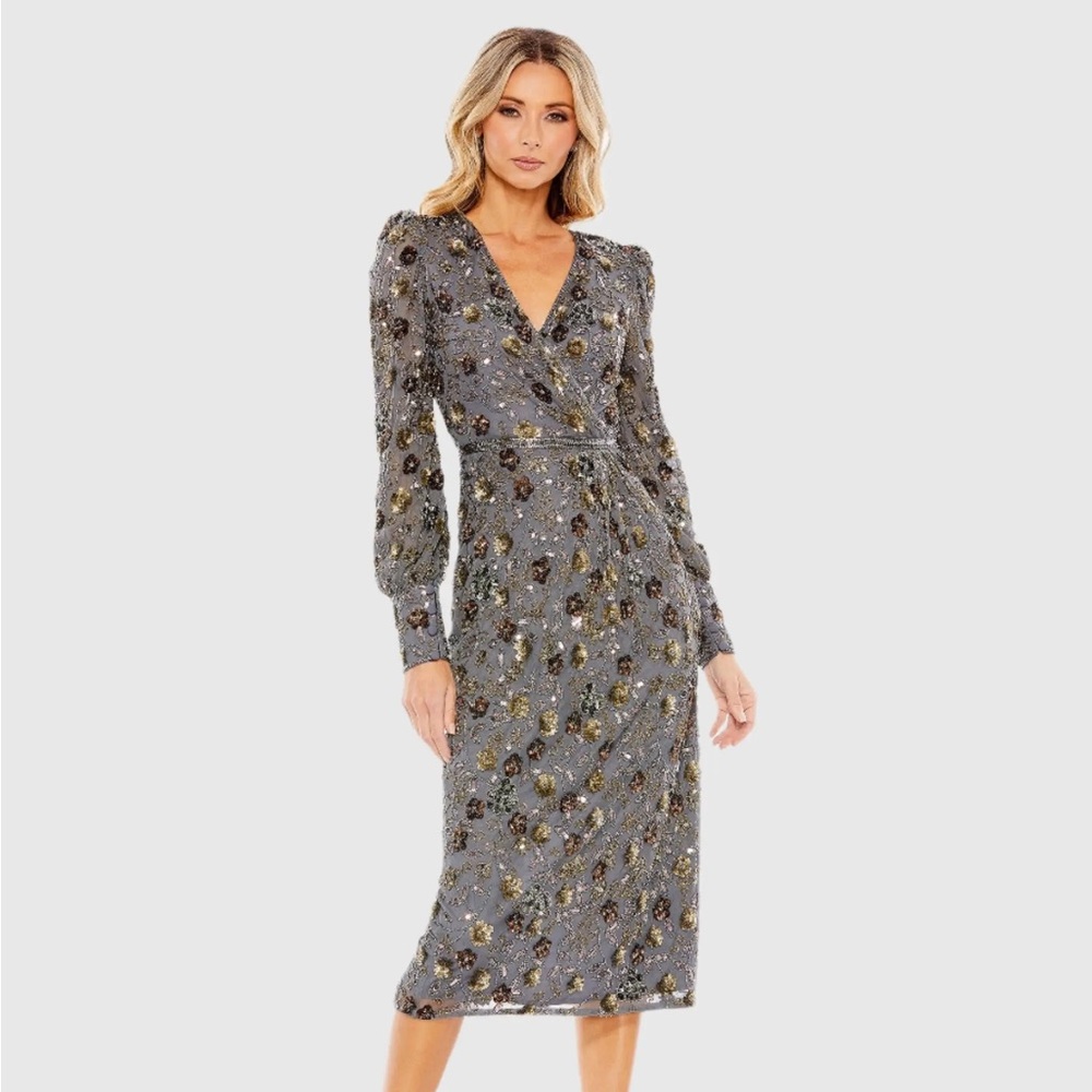 NEW Mac Duggal 4 Gray Long Sleeve Embellished V Neck Midi Dress Charcoal 5571